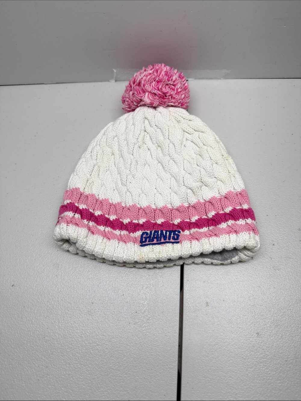 Kids White & Pink Cable Knit Pom Beanie